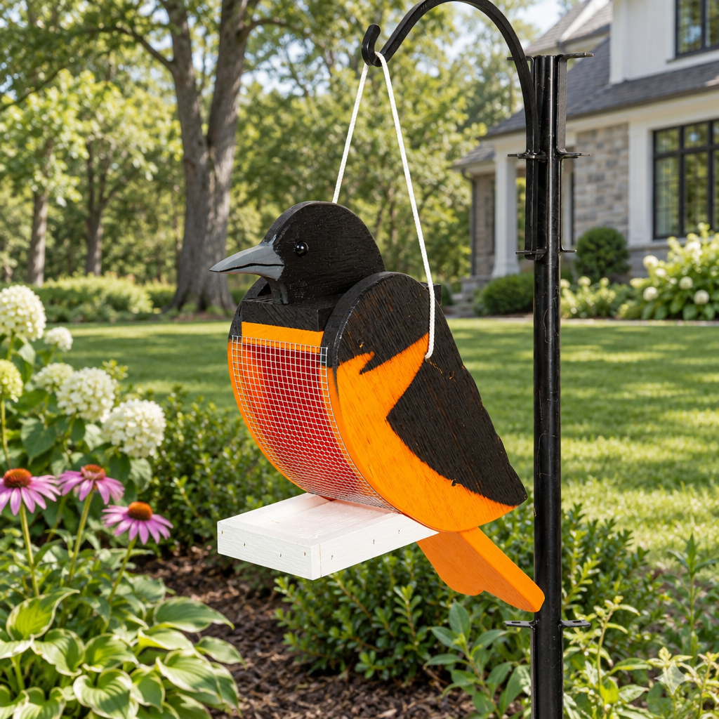 Amish Oriole Bird Shaped wood feeder shown in the backyard garden bed of a transitional home
