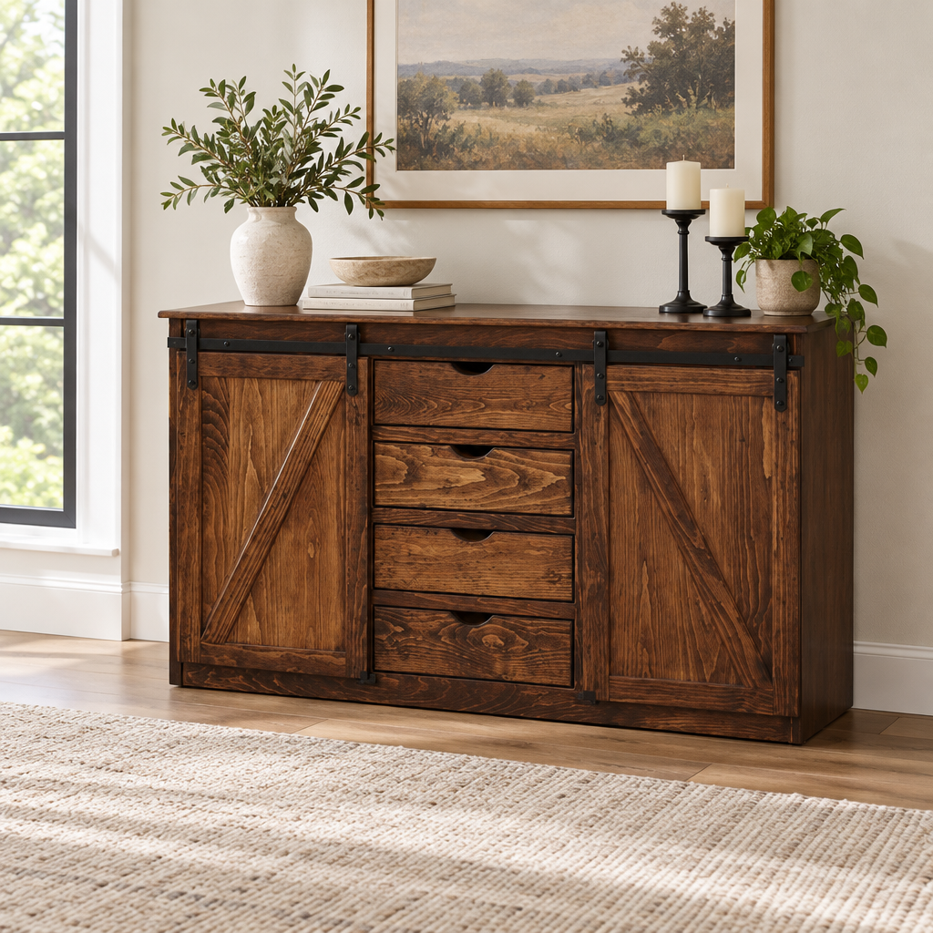 Amish Barndoor Dining Sideboard with Drawers shown in the dining room of a transitional home