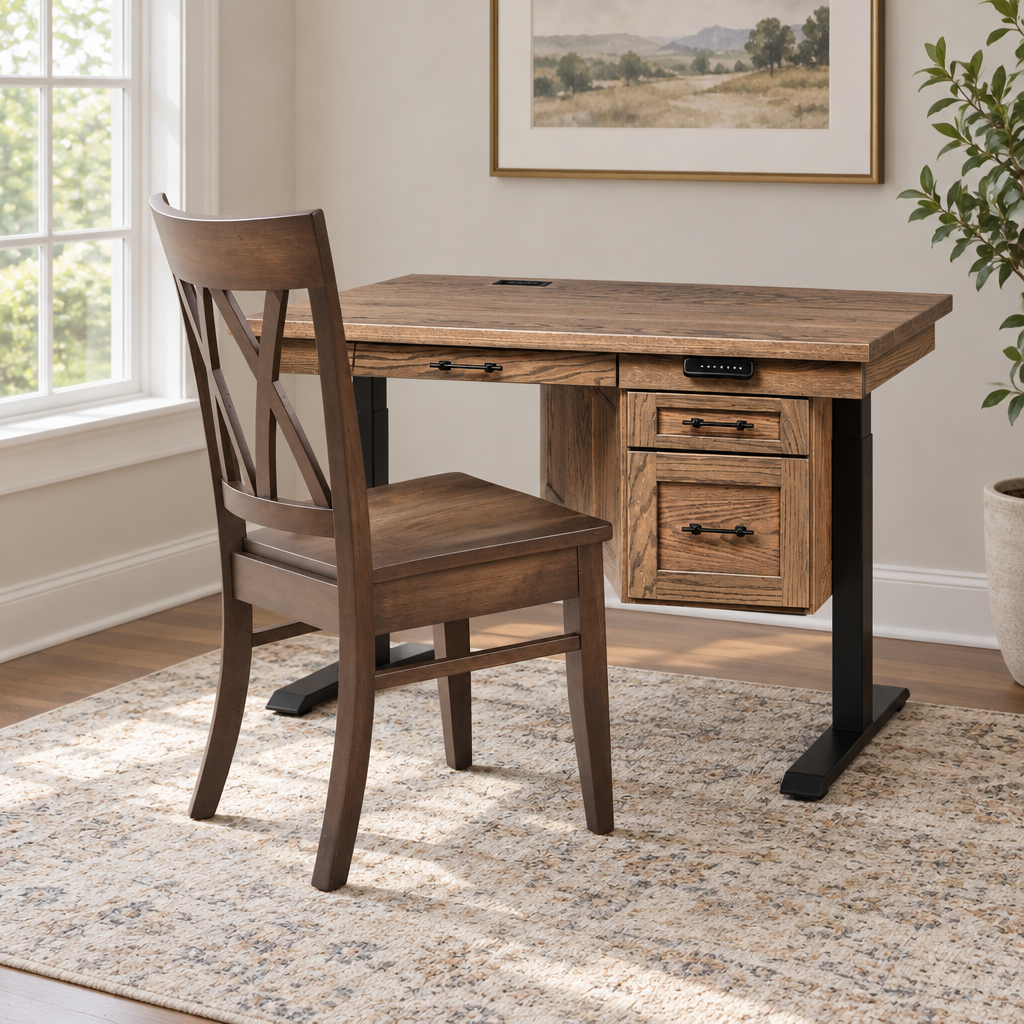 Amish Westin Single Pedestal Adjustable Rising Lift Desk with Drawers shown in the home office of a transitional home