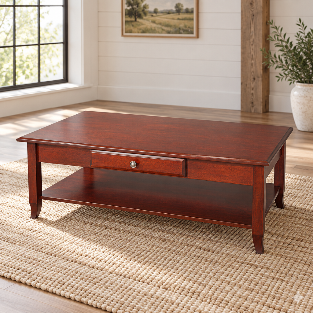 Amish Manchester 46"Coffee Table shown in the living room of a modern farmhouse home
