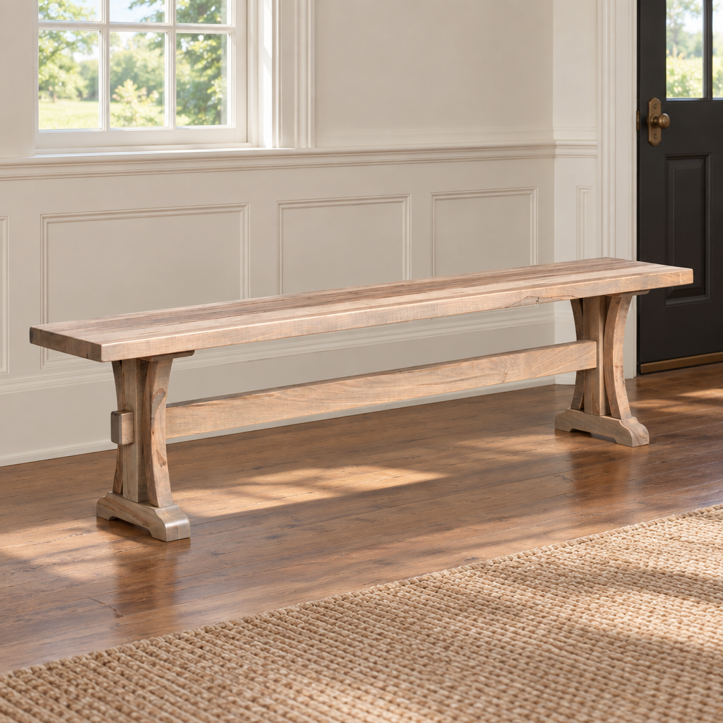 Amish Woodstock Reclaimed Wood Bench shown in the living room of a traditional colonial home