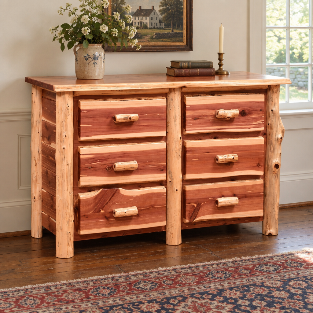 Amish Homestead Log 9 Drawer Dresser shown in the bedroom of a traditional colonial home