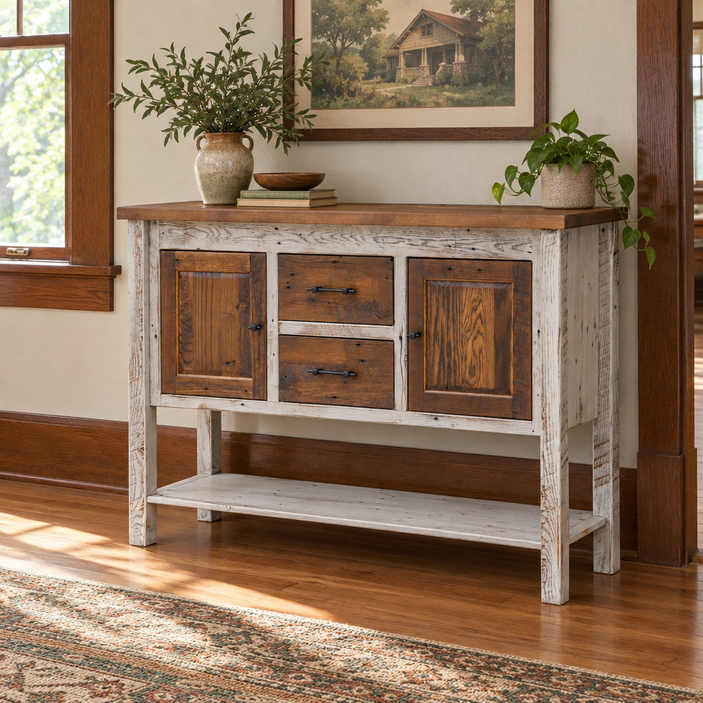 Amish Uptown Reclaimed Wood Dining Sideboard shown in the dining room of a craftsman bungalow home