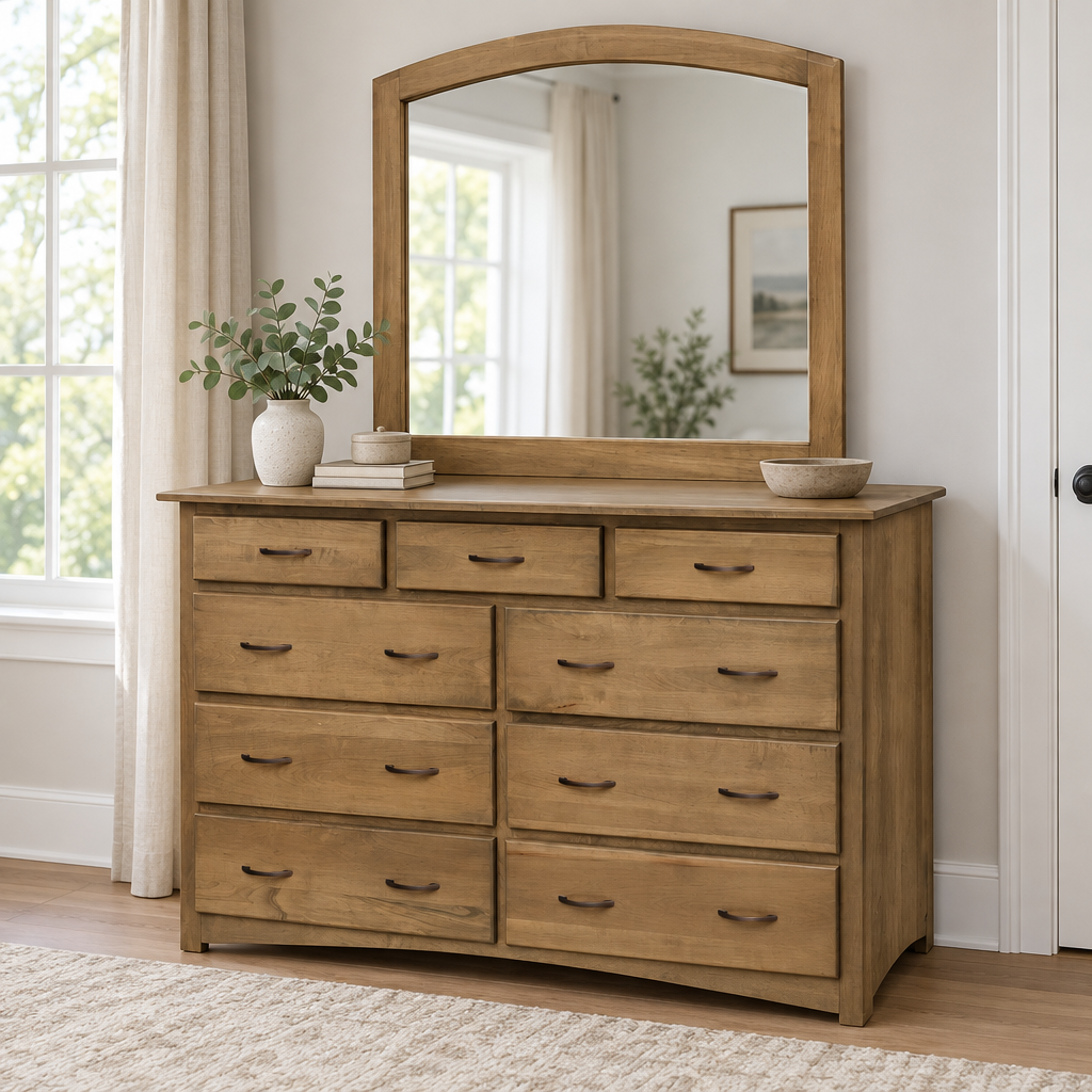 Manchester Amish 63" Mule Chest Dresser shown in the bedroom of a transitional home