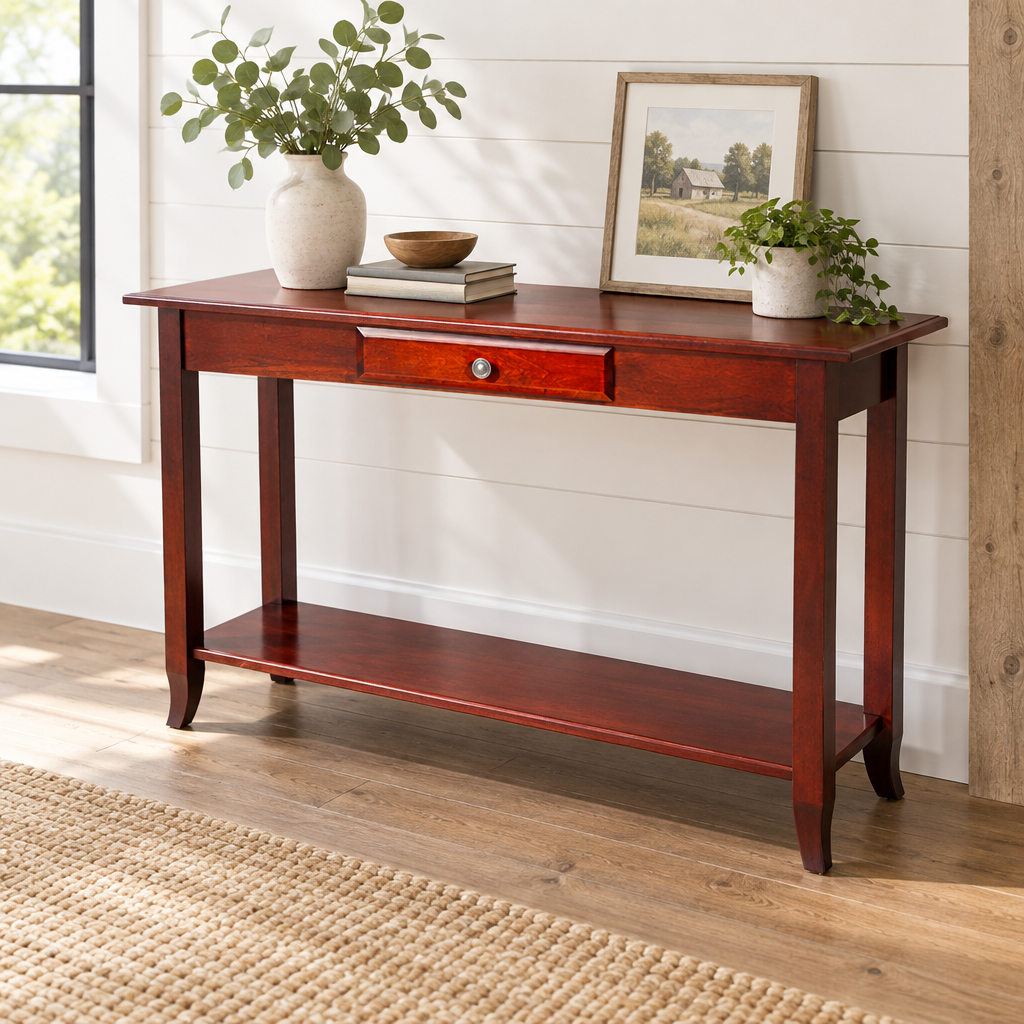 Amish Manchester Sofa Table shown in the living room of a modern farmhouse home
