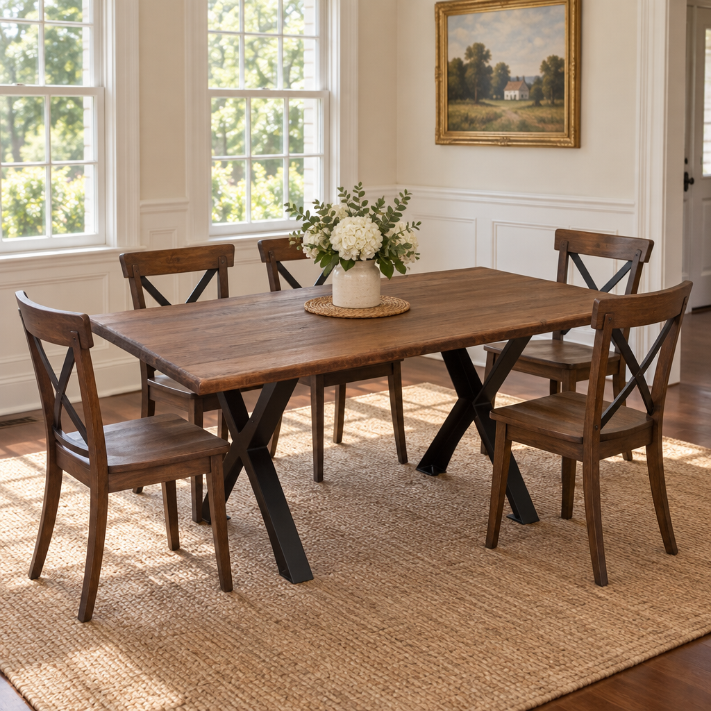 Amish Xenia Solid Top Dining Table shown in the dining room of a traditional colonial home