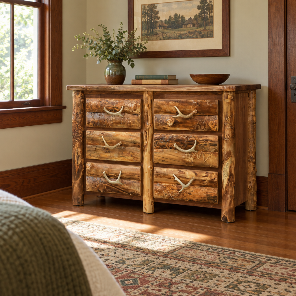 Amish Allegheny Aspen & Walnut 6 Drawer Dresser shown in the bedroom of a craftsman bungalow home
