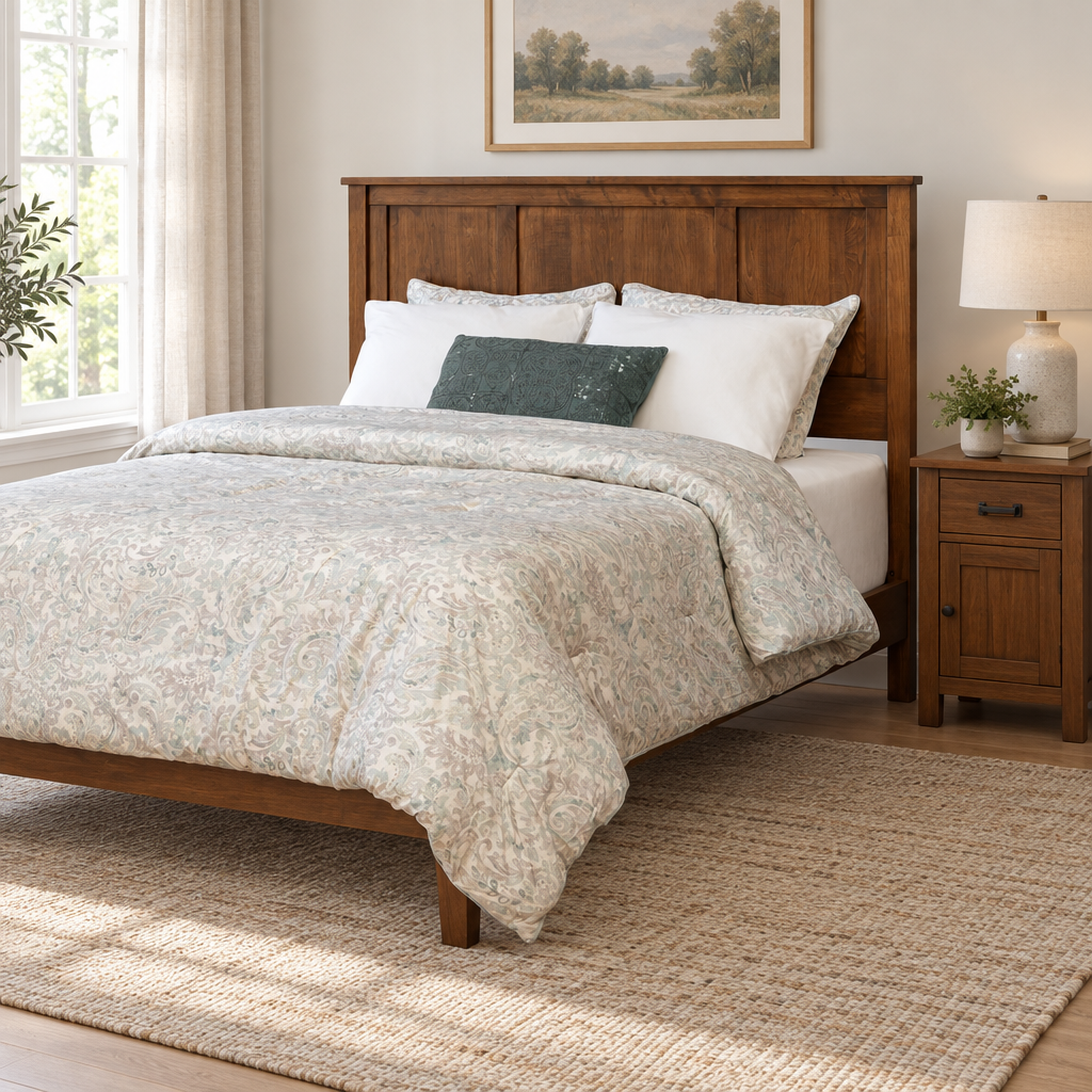 Amish Wynmoor Panel Low Footboard Bed shown in the bedroom of a transitional home