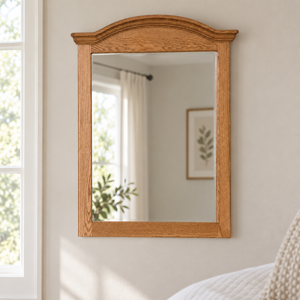 Amish Eden Curved Dresser Mirror shown in the bedroom of a transitional home