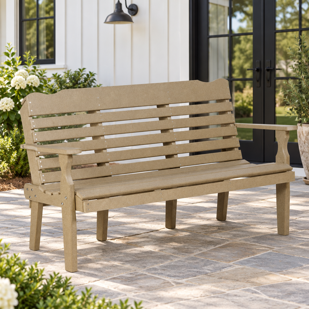 Amish Poly Patio West Chester 5' Bench shown in the back patio of a modern farmhouse home