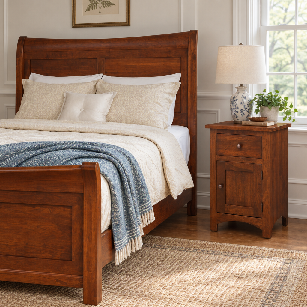 Amish Avondale 1 Drawer 1 Door Nightstand shown in the bedroom of a traditional colonial home