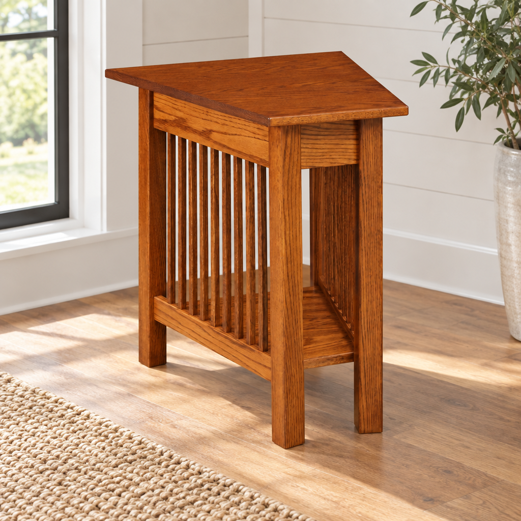 Amish Mission Wedge End Table shown in the living room of a modern farmhouse home
