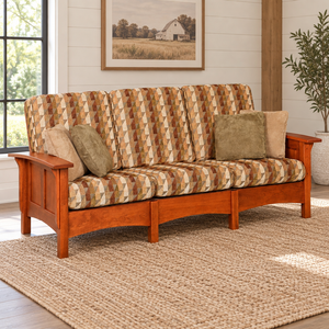 Amish Panel Mission Morris Sofa shown in the living room of a modern farmhouse home