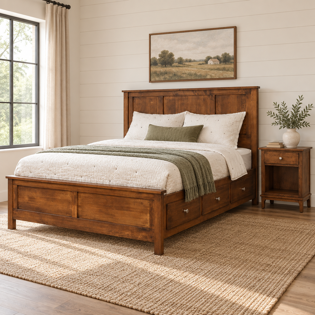 Amish Wynmoor Panel Low Footboard Captain Storage Bed with Drawers shown in the bedroom of a modern farmhouse home