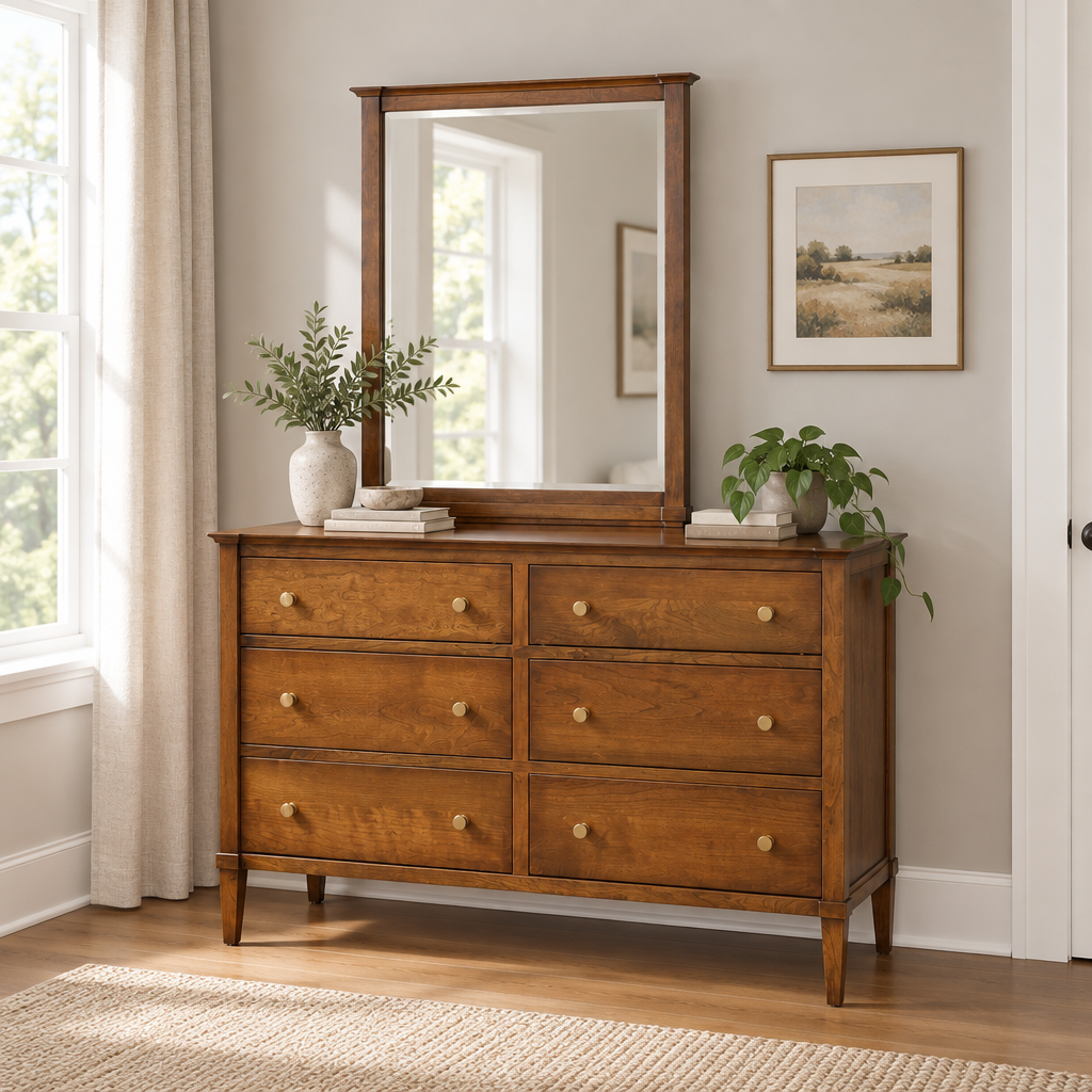 Amish Geneva Solid Wood Double Dresser with 6 Drawers shown in the bedroom of a transitional home