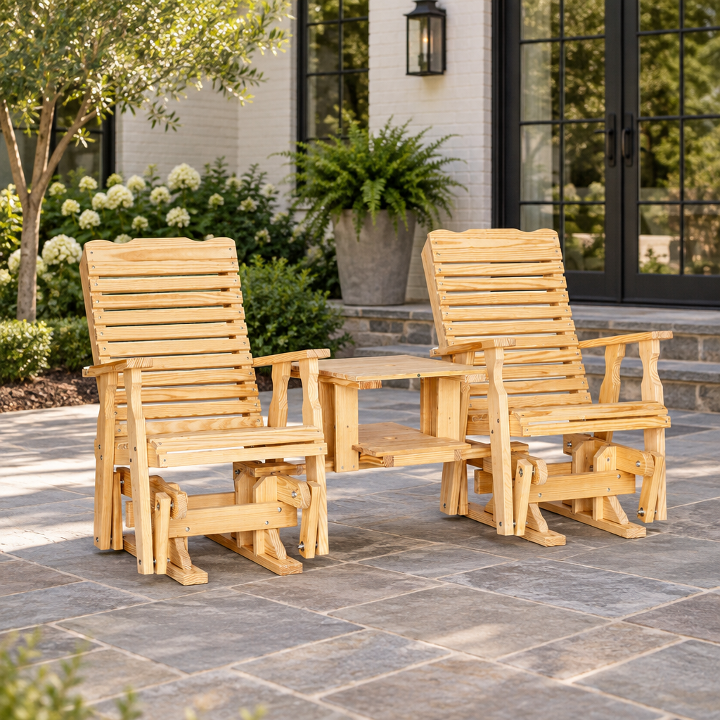 Amish Outdoor Wood Curve Back Double Glider shown in the back patio of a transitional home