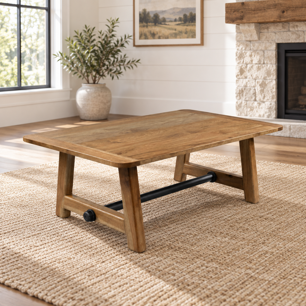 Amish Fulton Reclaimed Wood Coffee Table shown in the living room of a modern farmhouse home