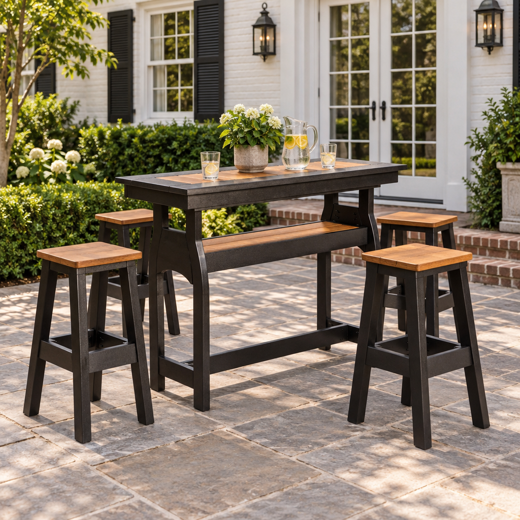 Amish Bayport Poly Patio Brunch Bar Table shown in the back patio of a traditional colonial home