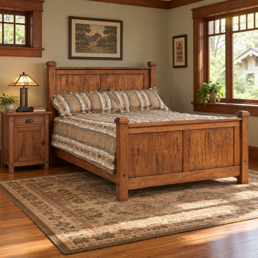 Amish Rustic Wood Telluride Panel Bed shown in the bedroom of a craftsman bungalow home
