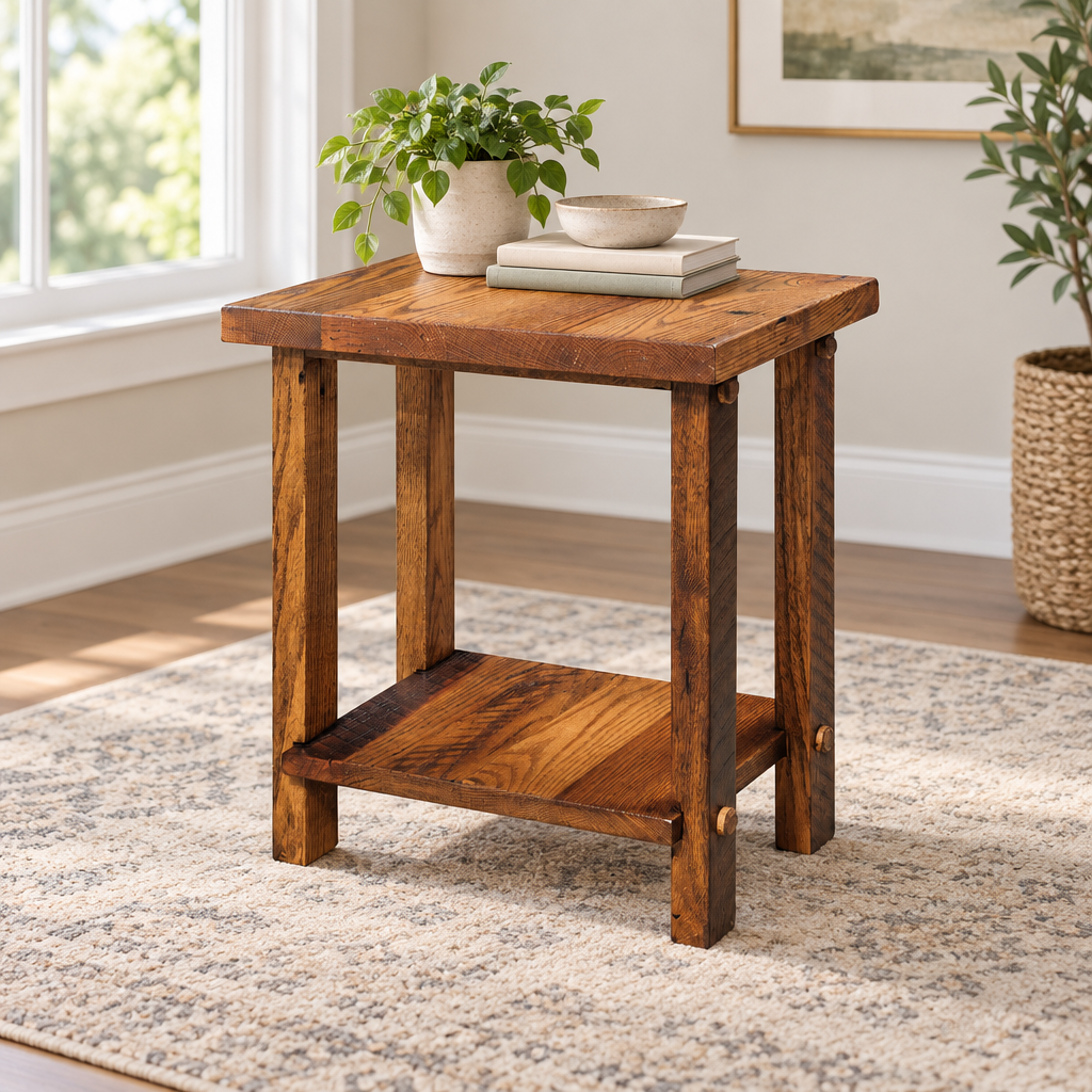 Amish Ashland Reclaimed Wood Rustic End Table shown in the living room of a transitional home