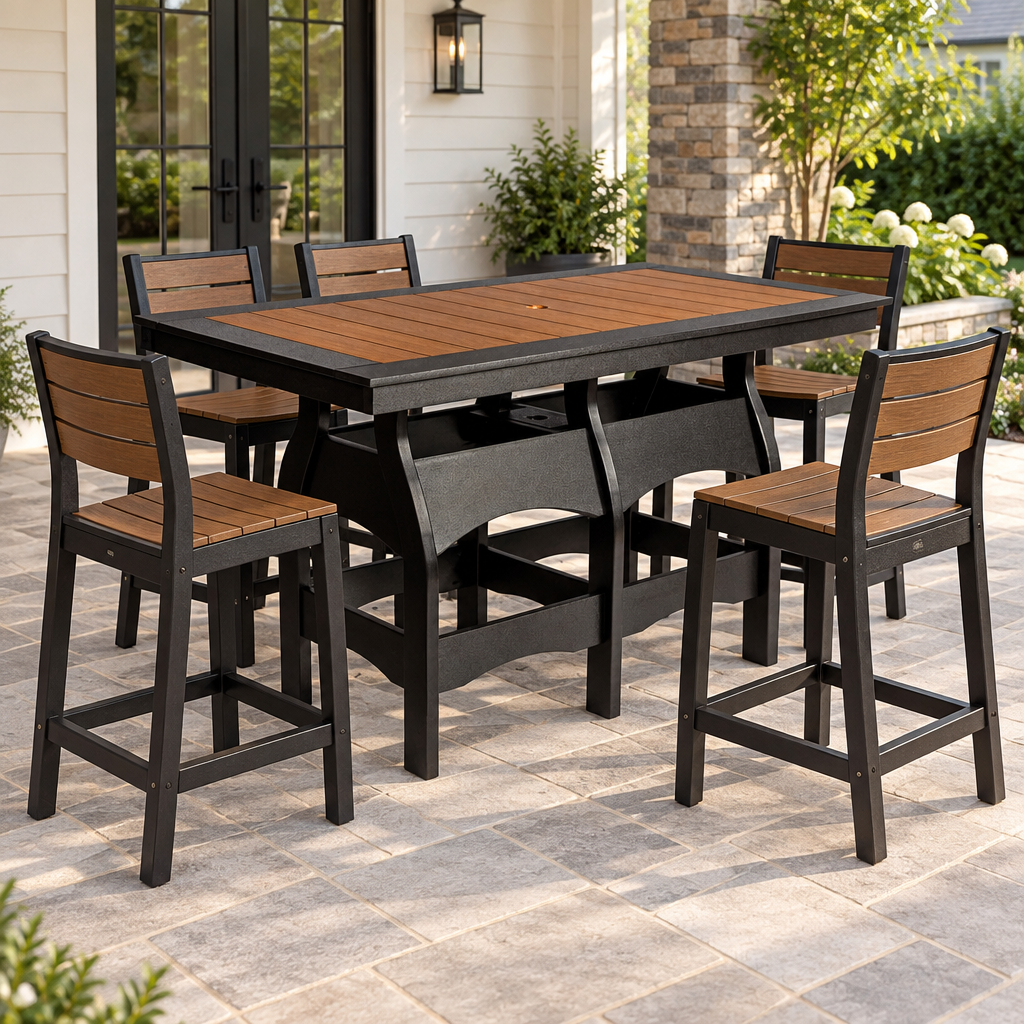 Amish Nashau Poly Patio 42" x 72" Bar Height Table shown in the back patio of a transitional home