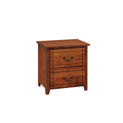 Madison kid's 2-drawer nightstand in medium cherry stain with incised line detailing and black bail pulls, white background