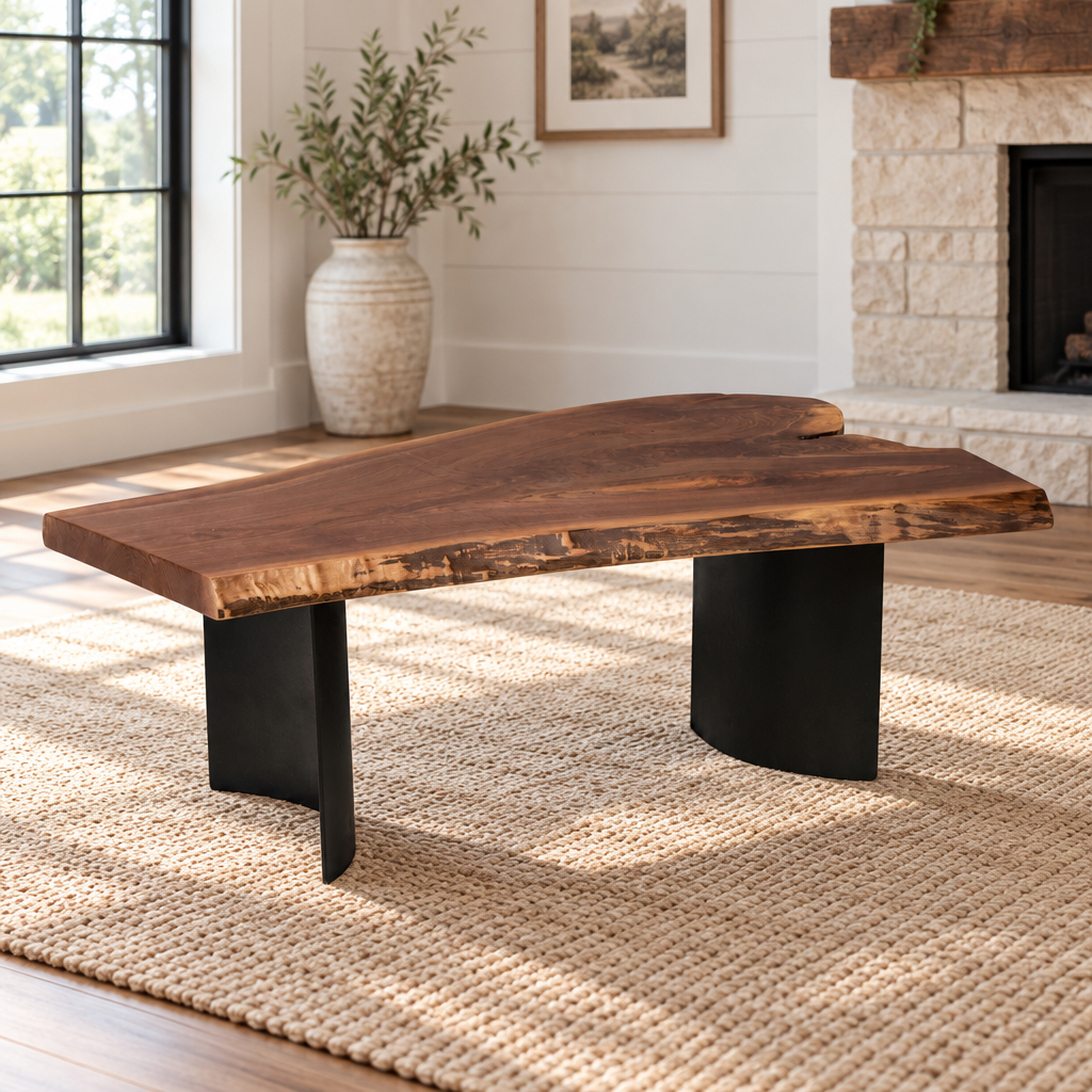 Amish Iron Shell Live Edge Coffee Table Base shown in the living room of a modern farmhouse home