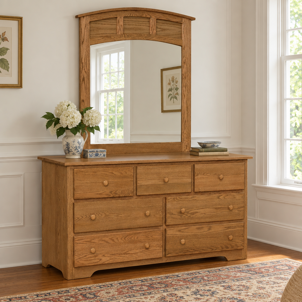 Eden Amish Shaker 63" 7-Drawer Dresser shown in the bedroom of a traditional colonial home