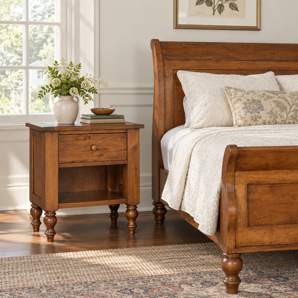 Amish Rustic Wood Telluride Open Night Table shown in the bedroom of a traditional colonial home