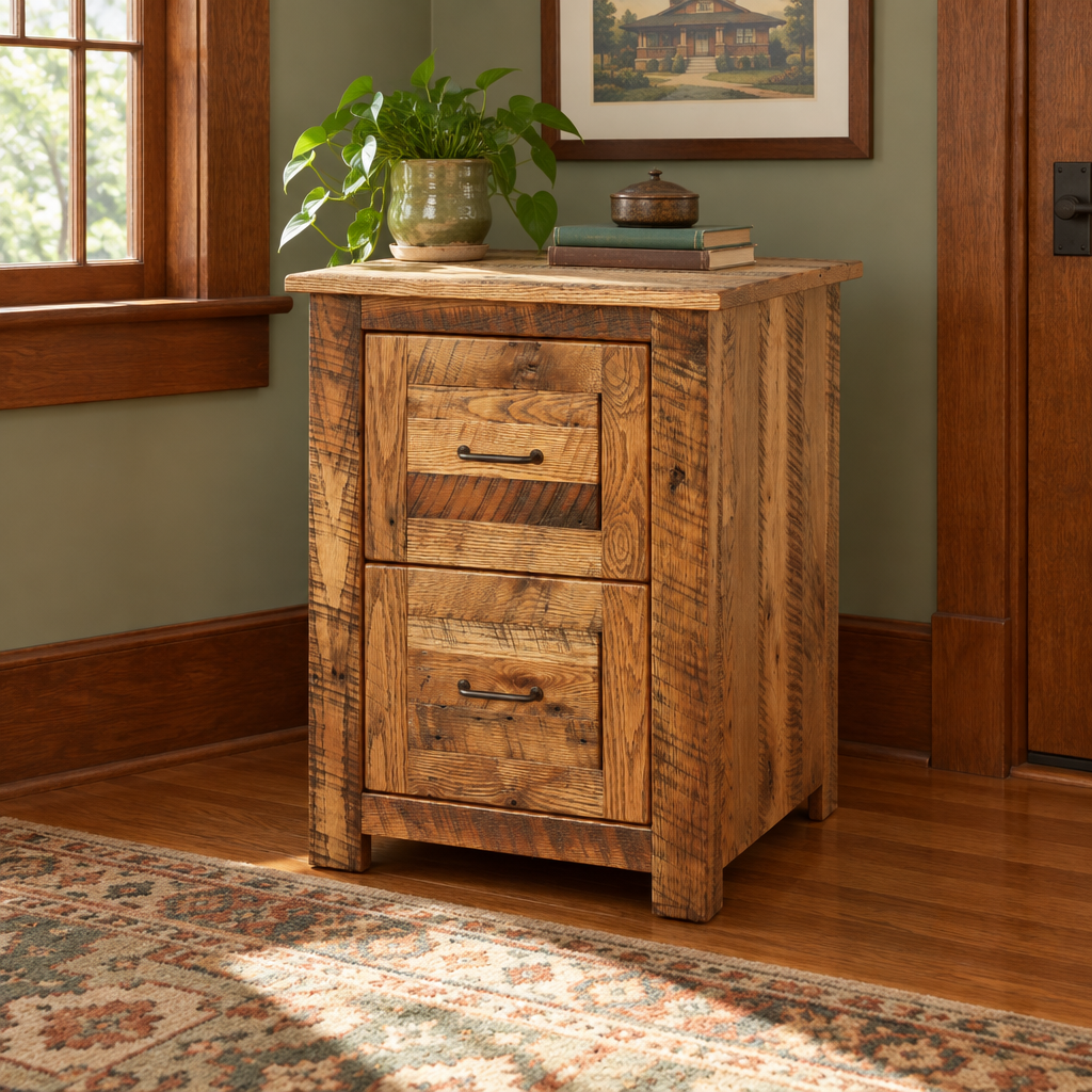 Amish Urban Lodge Reclaimed Wood File Cabinet shown in the home office of a craftsman bungalow home
