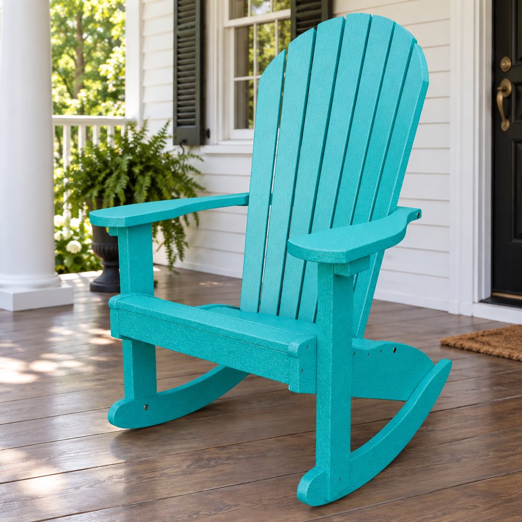 Amish Poly Adirondack Patio Rocker - Quickship shown in the covered back porch of a traditional colonial home