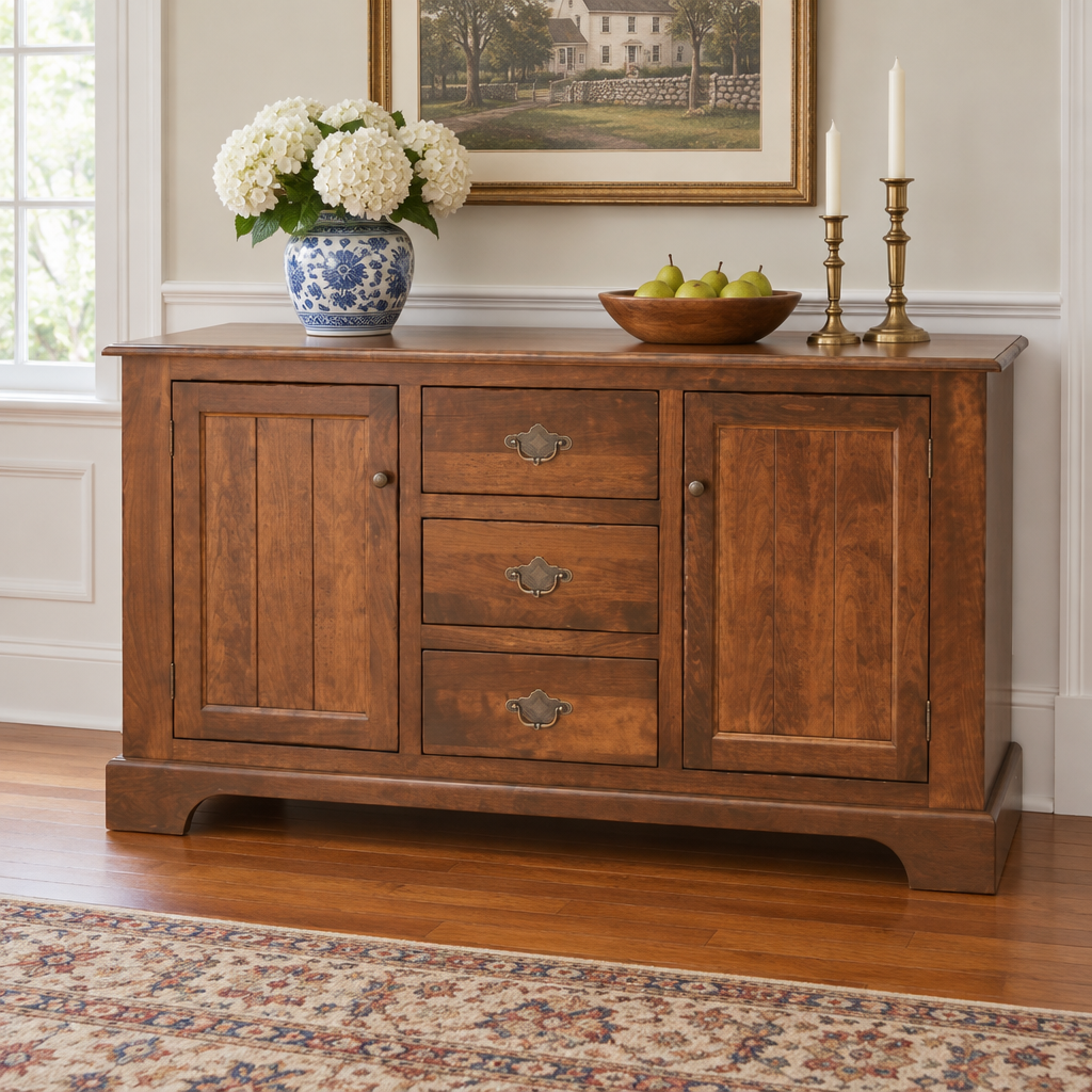 Amish Solid Wood Alexandria Sideboard shown in the dining room of a traditional colonial home