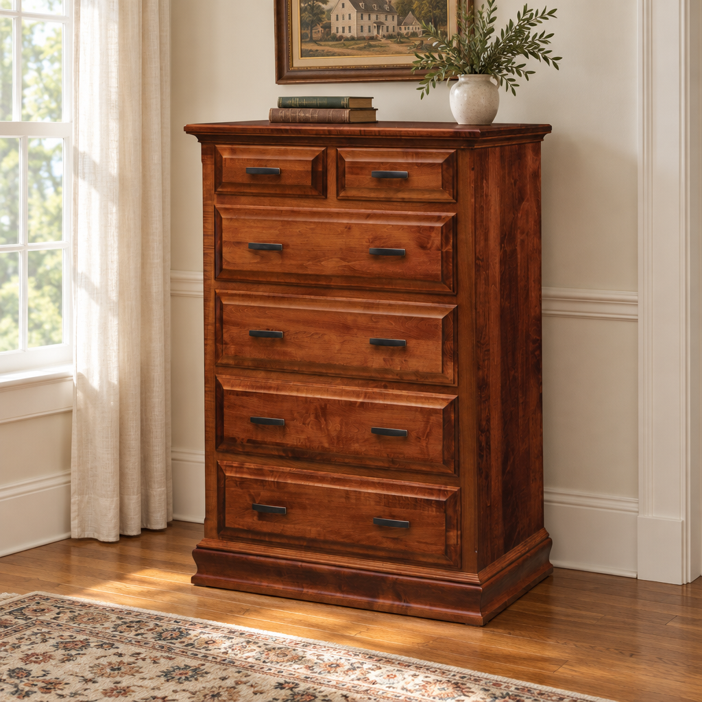 Amish Eden Royal Chest of Drawers shown in the bedroom of a traditional colonial home