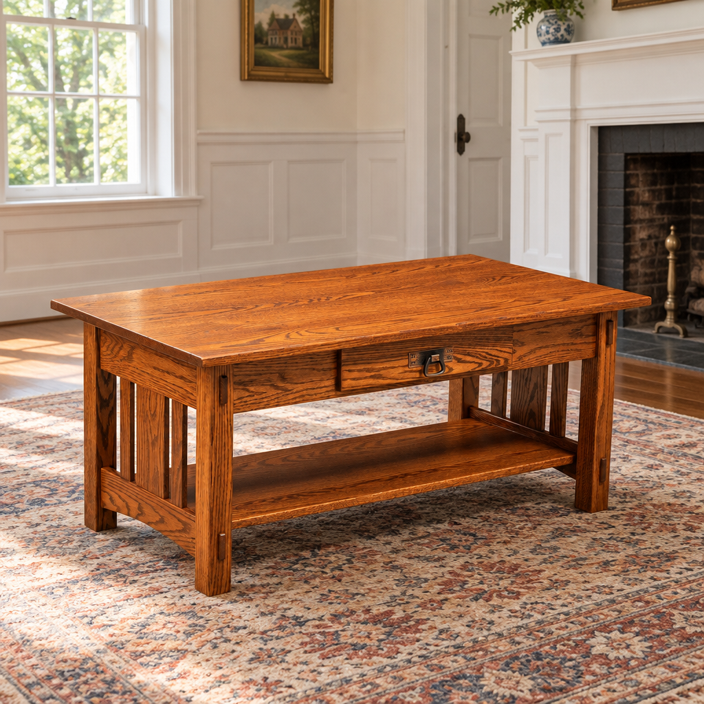 Amish Arts & Crafts Coffee Table shown in the living room of a traditional colonial home