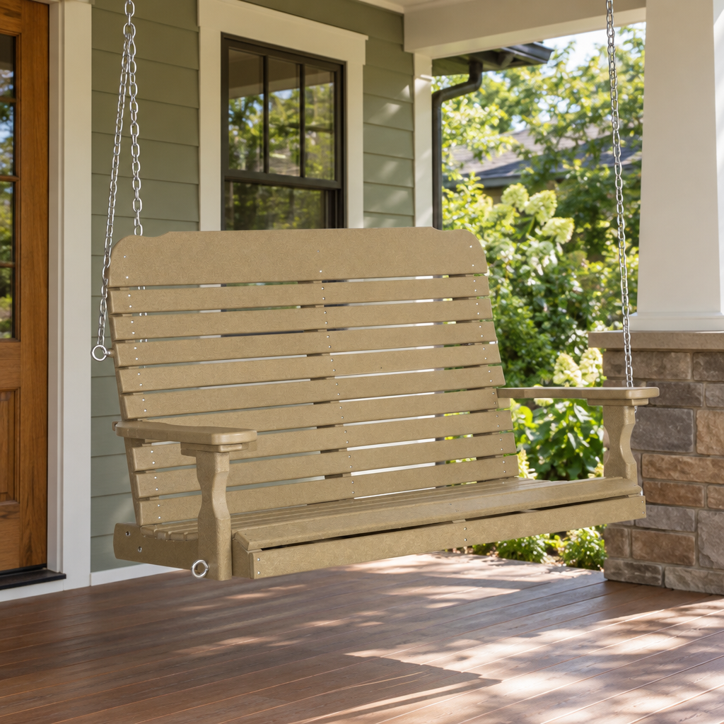 Amish Poly Patio Easy 4' Porch Swing shown in the back patio of a craftsman bungalow home