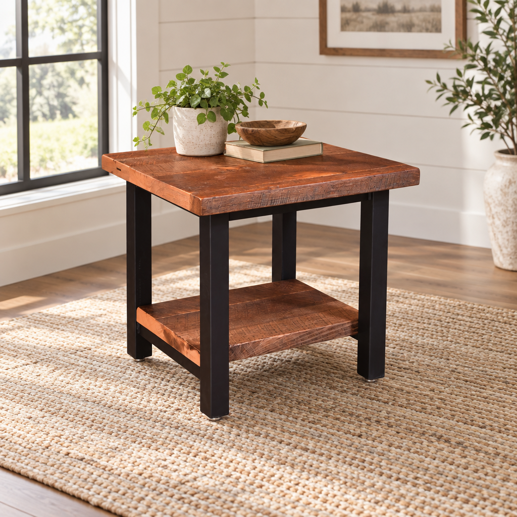Amish Coronado Reclaimed Wood End Table shown in the living room of a modern farmhouse home