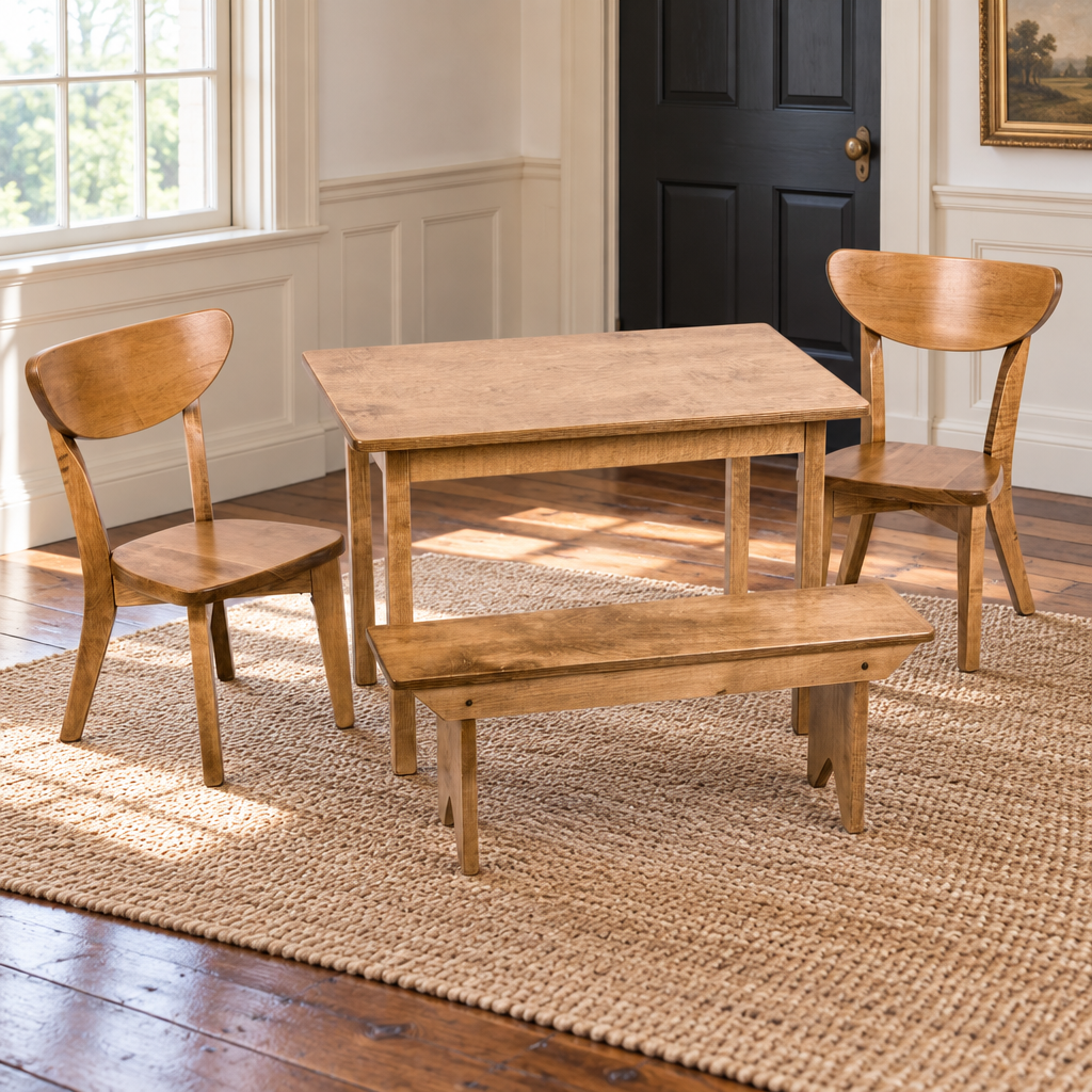 Amish Rectangular Kid's Table Set with 2 Seymour Chairs & Bench shown in the dining room of a traditional colonial home