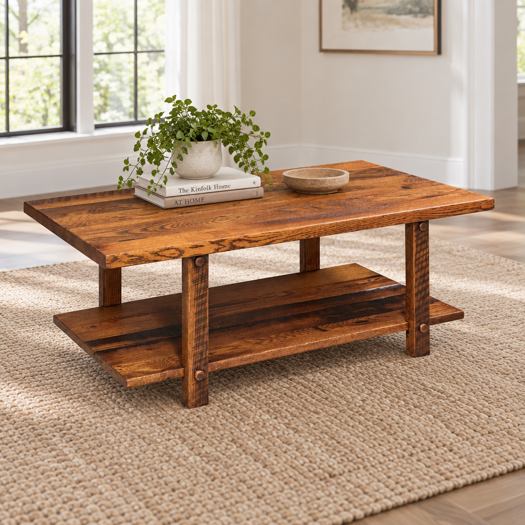 Amish Ashland Reclaimed Wood Rustic Coffee Table shown in the living room of a transitional home