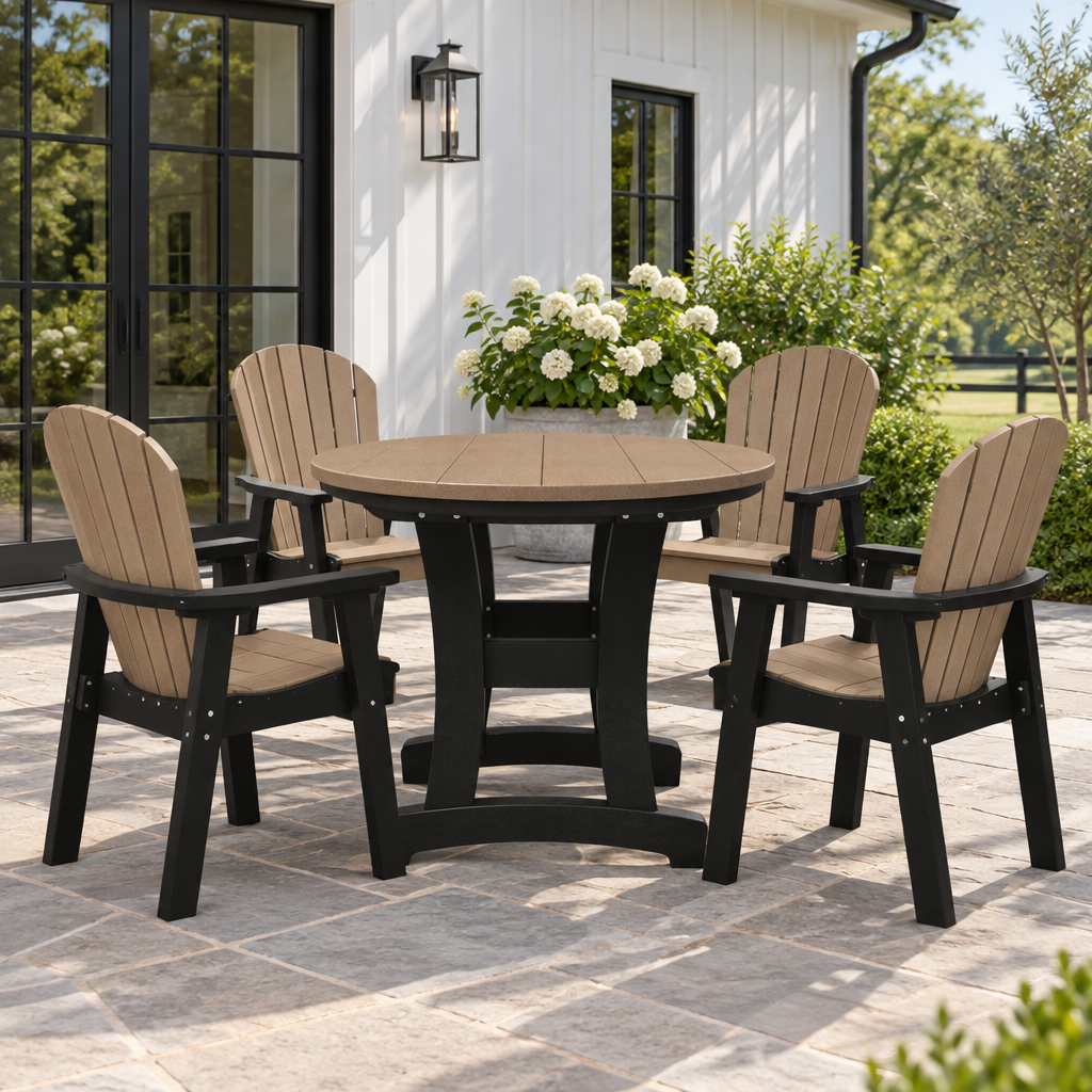 Amish Legacy 30" Round Outdoor Dining Table shown in the back patio of a modern farmhouse home