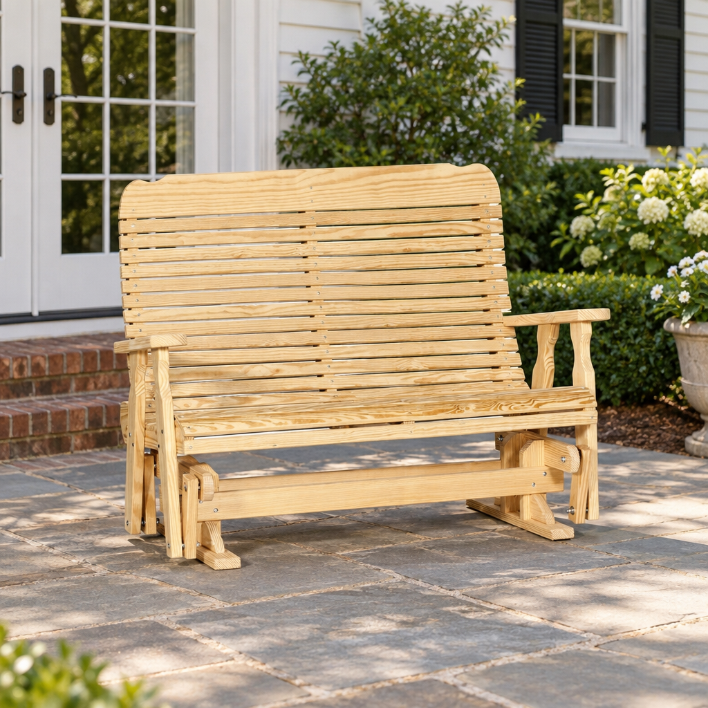 Amish Outdoor Wood Easy Glider shown in the back patio of a traditional colonial home