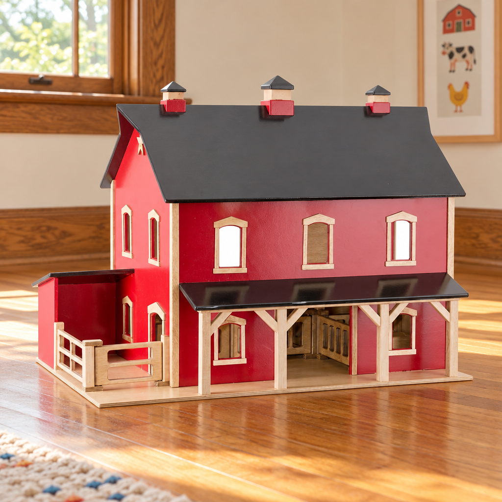 Amish Wooden PA Barn Replica Toy shown in the child's playroom on a wood floor of a craftsman bungalow home