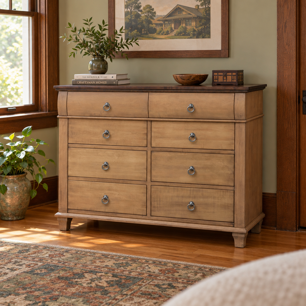 Amish Avignon Double Dresser shown in the bedroom of a craftsman bungalow home