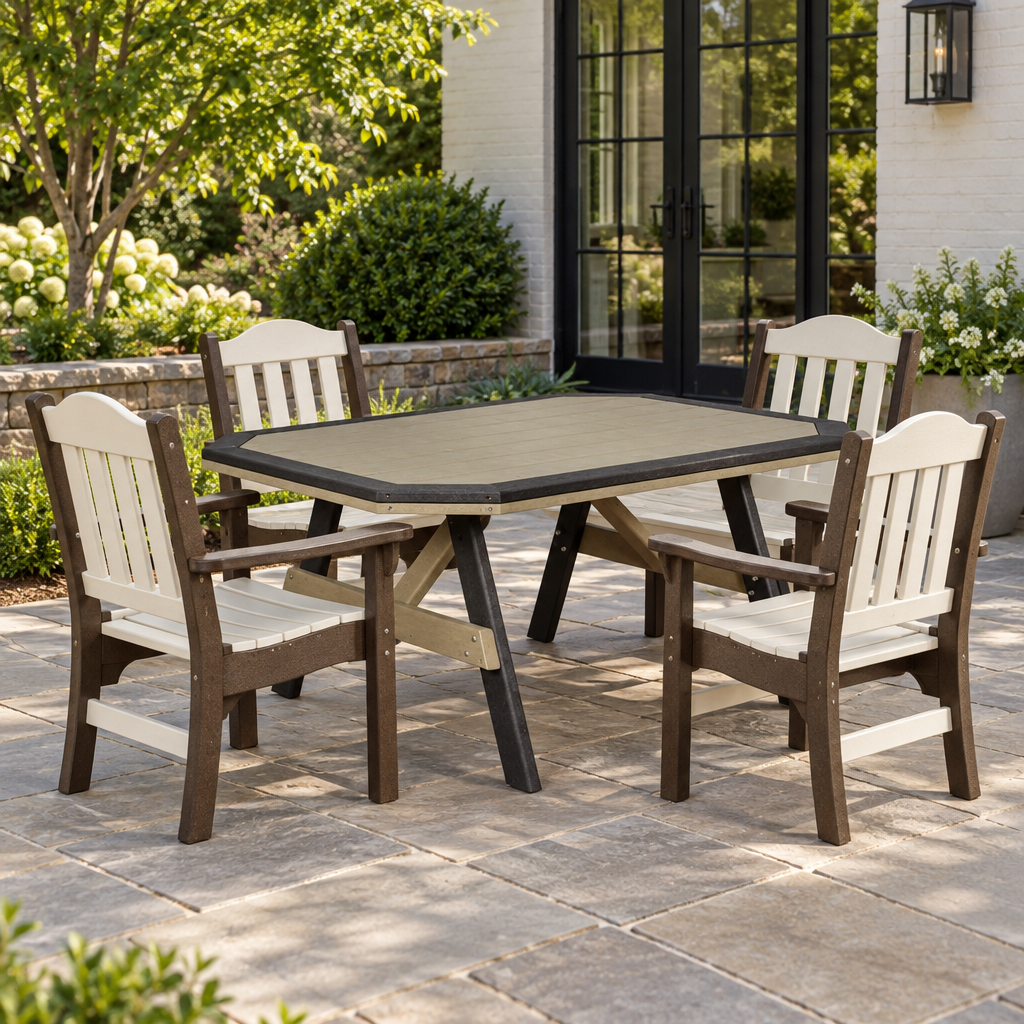 Amish Poly Patio Rectangular Garden Table w/ Border shown in the back patio of a transitional home