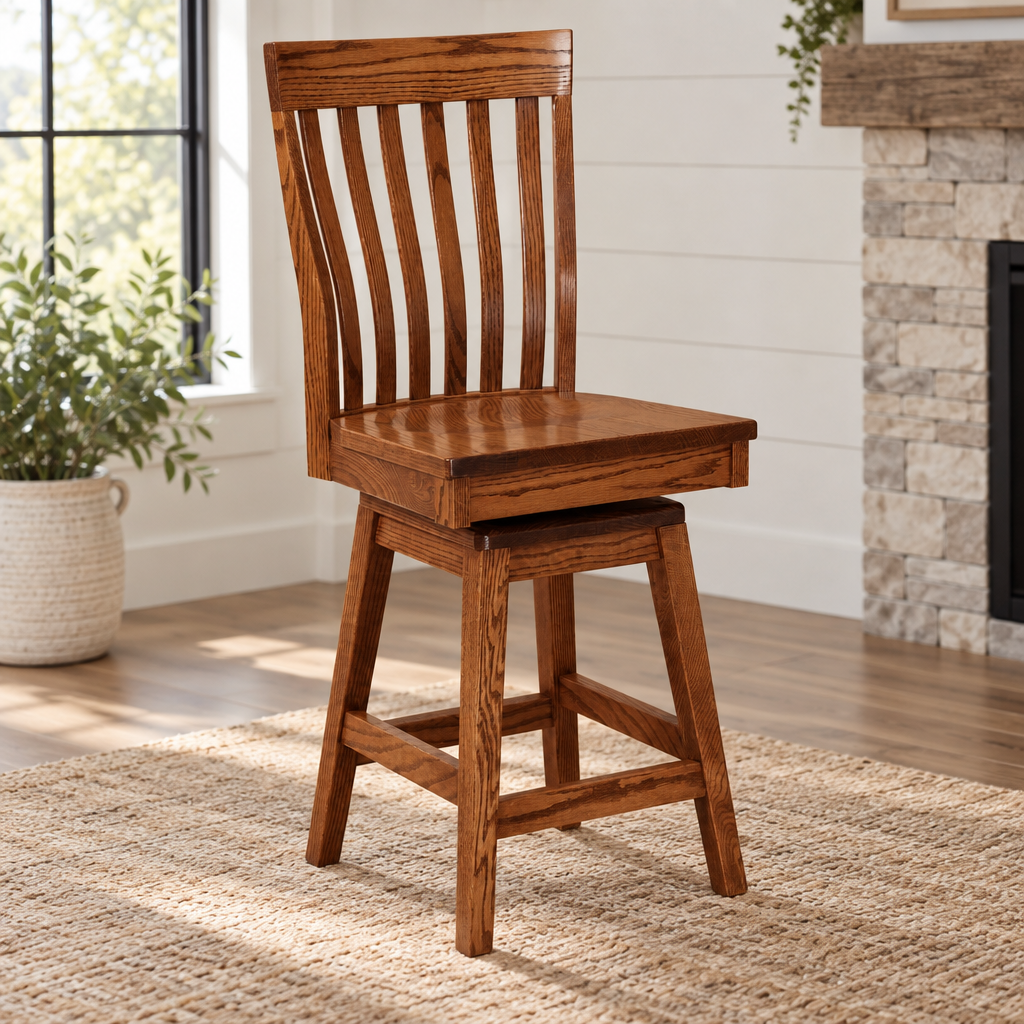 Amish Theodore Lumbar Wood Swivel Bar Stool shown in the living room of a modern farmhouse home