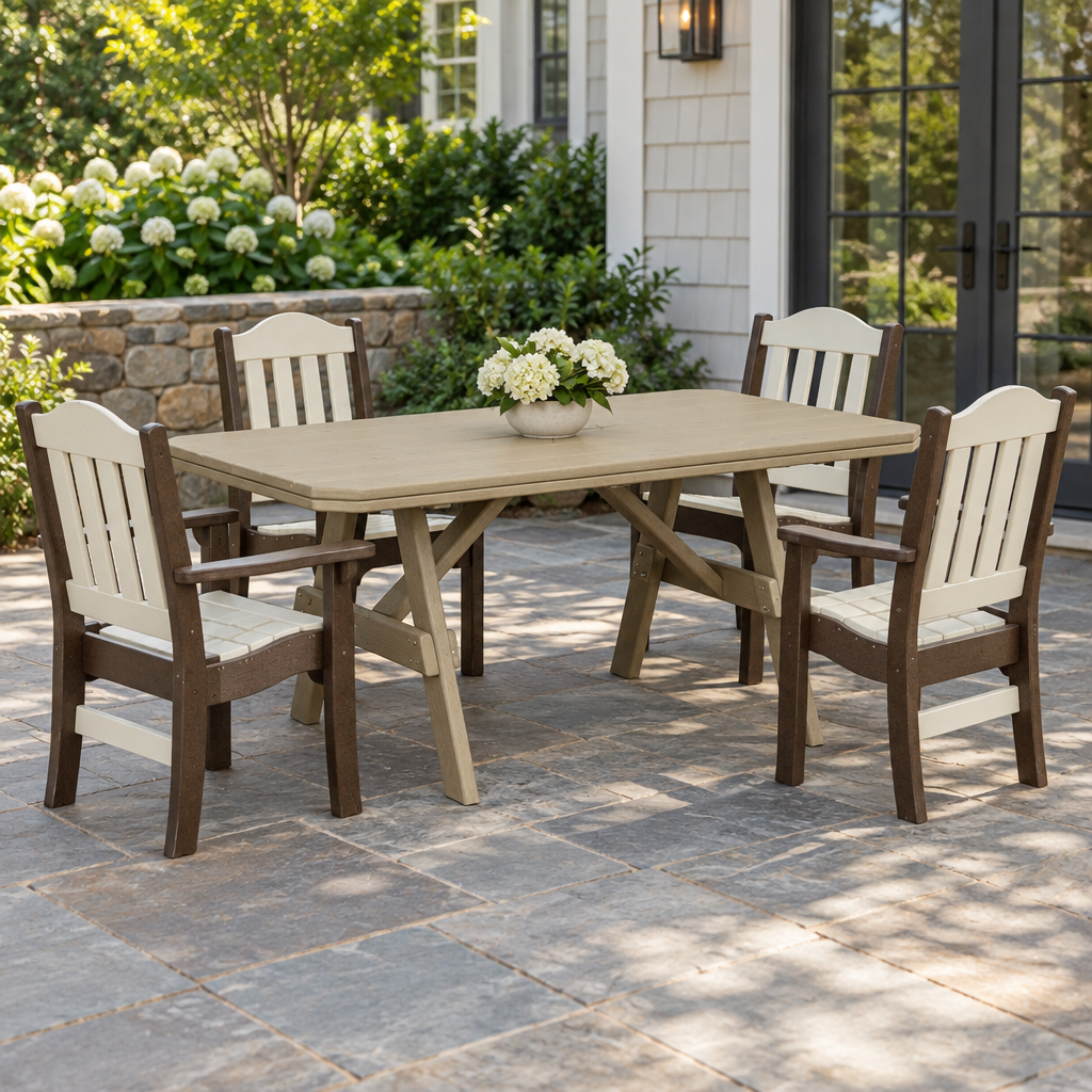 Amish Poly Patio Rectangular Garden Table shown in the back patio of a transitional home