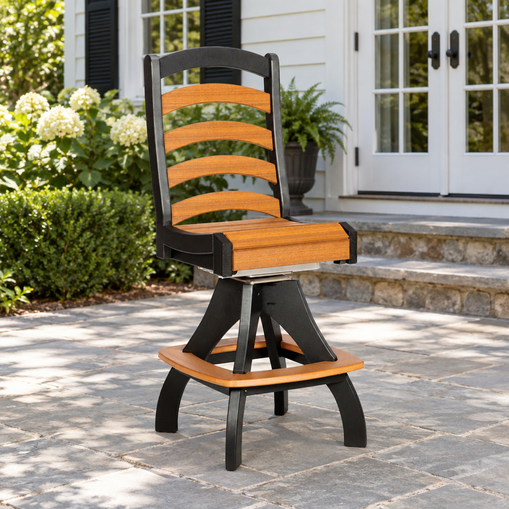 Amish Nashau Poly Patio Swivel Bar Chair shown in the back patio of a traditional colonial home