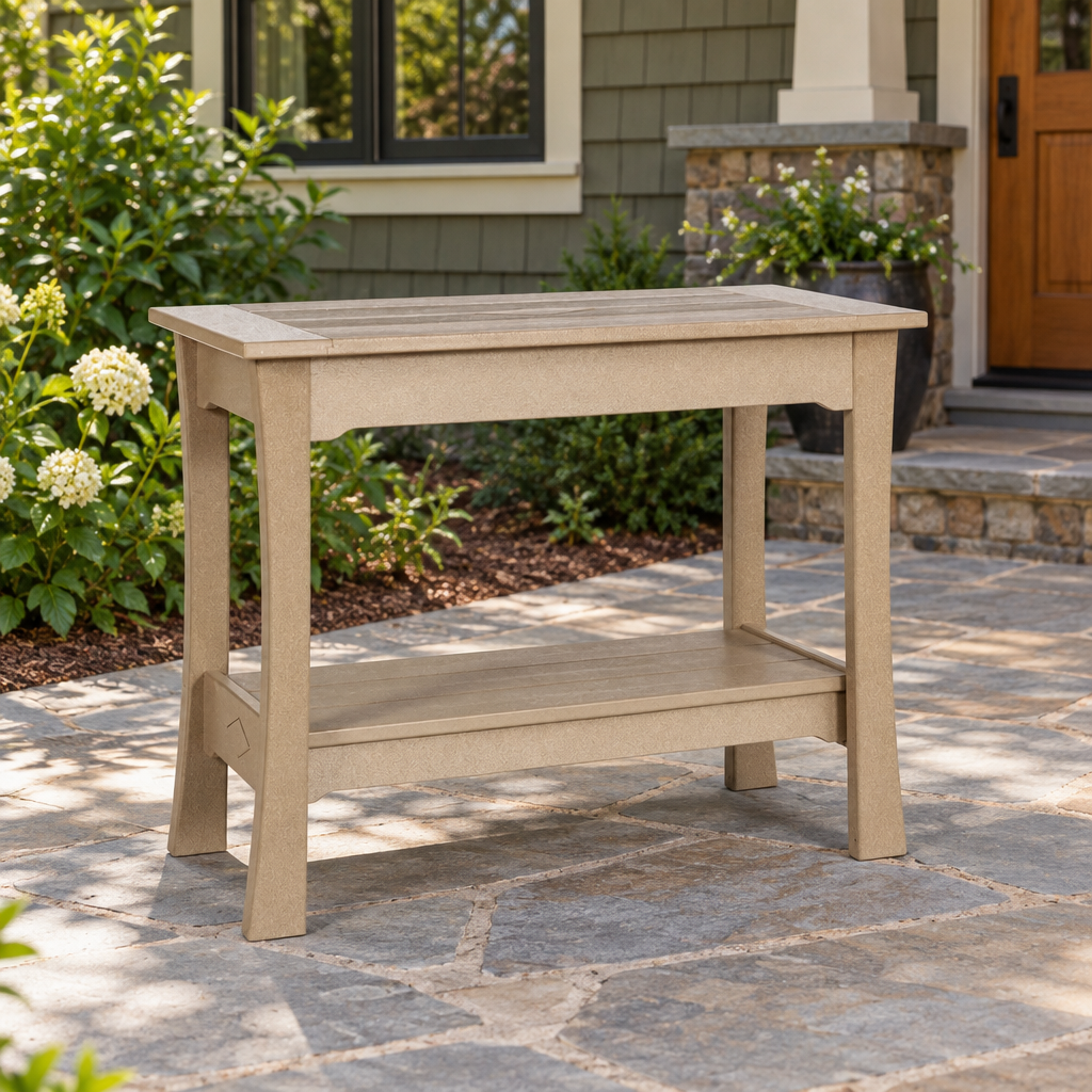 Amish Colonial Mission Patio Counter Serving Table shown in the back patio of a craftsman bungalow home