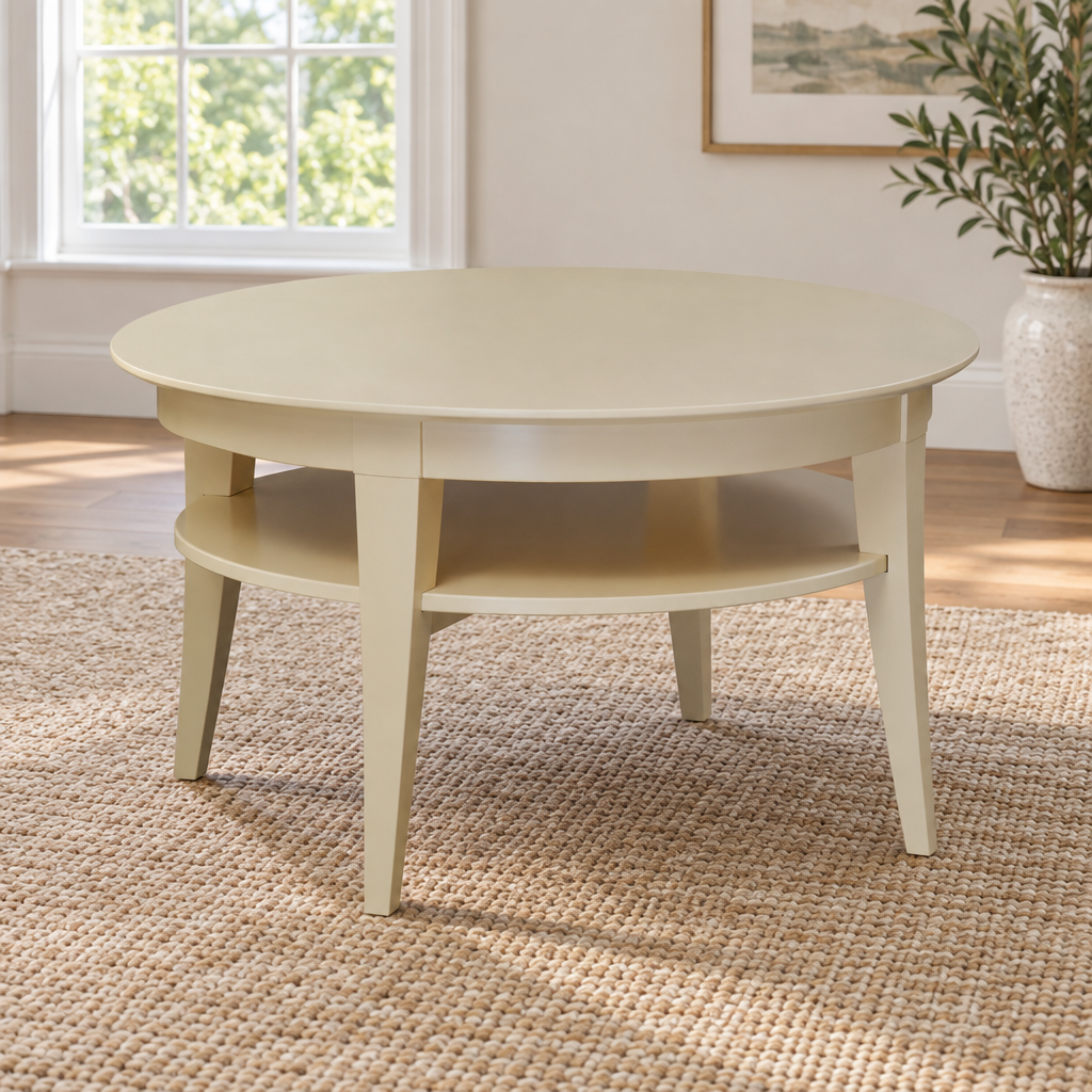 Stratos Amish Round Coffee Table with Shelf shown in the living room of a transitional home