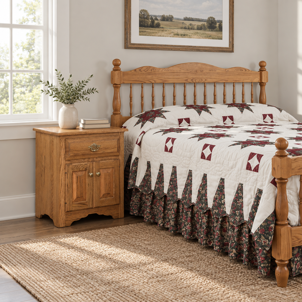 Eden Amish Country 1 Drawer 2 Door Nightstand shown in the bedroom of a transitional home