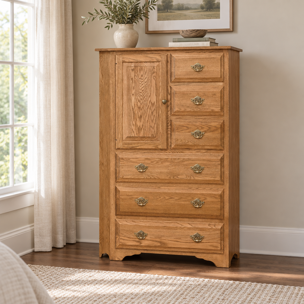 Eden Amish Country Gentleman's Chest shown in the bedroom of a transitional home